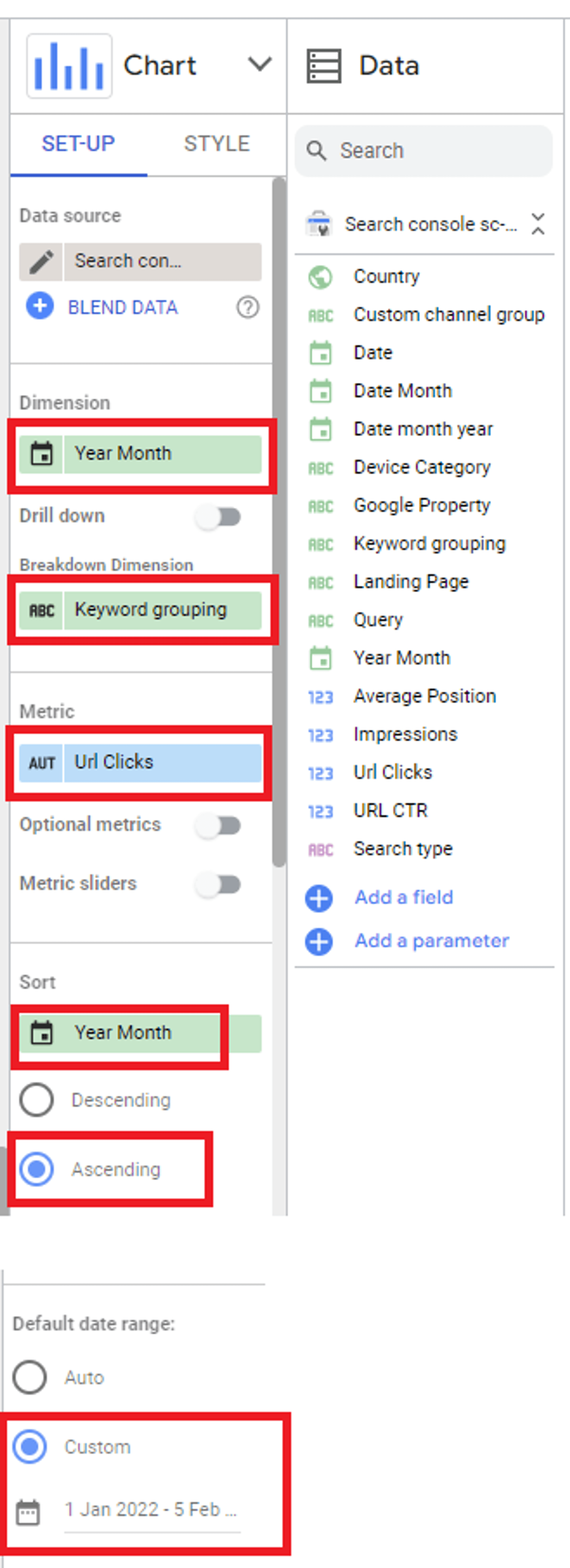 Fields set-up for branded vs non-branded keywords column one year chart