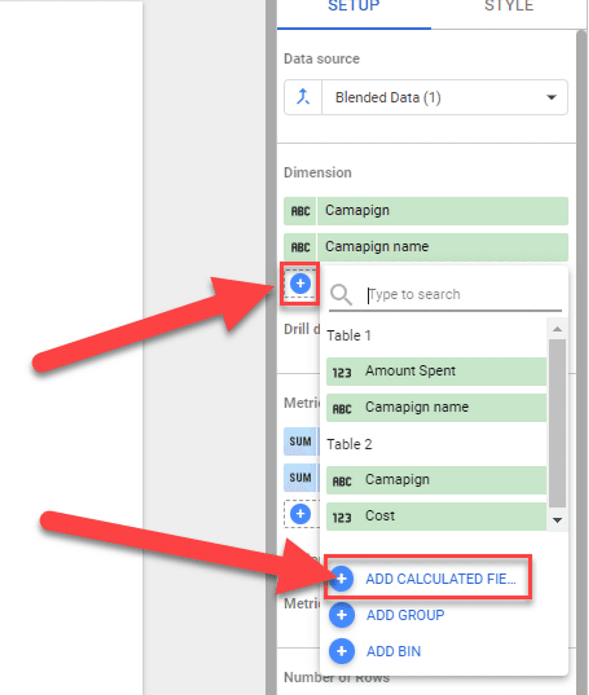 Looker Studio append add calculated fields dimiensions