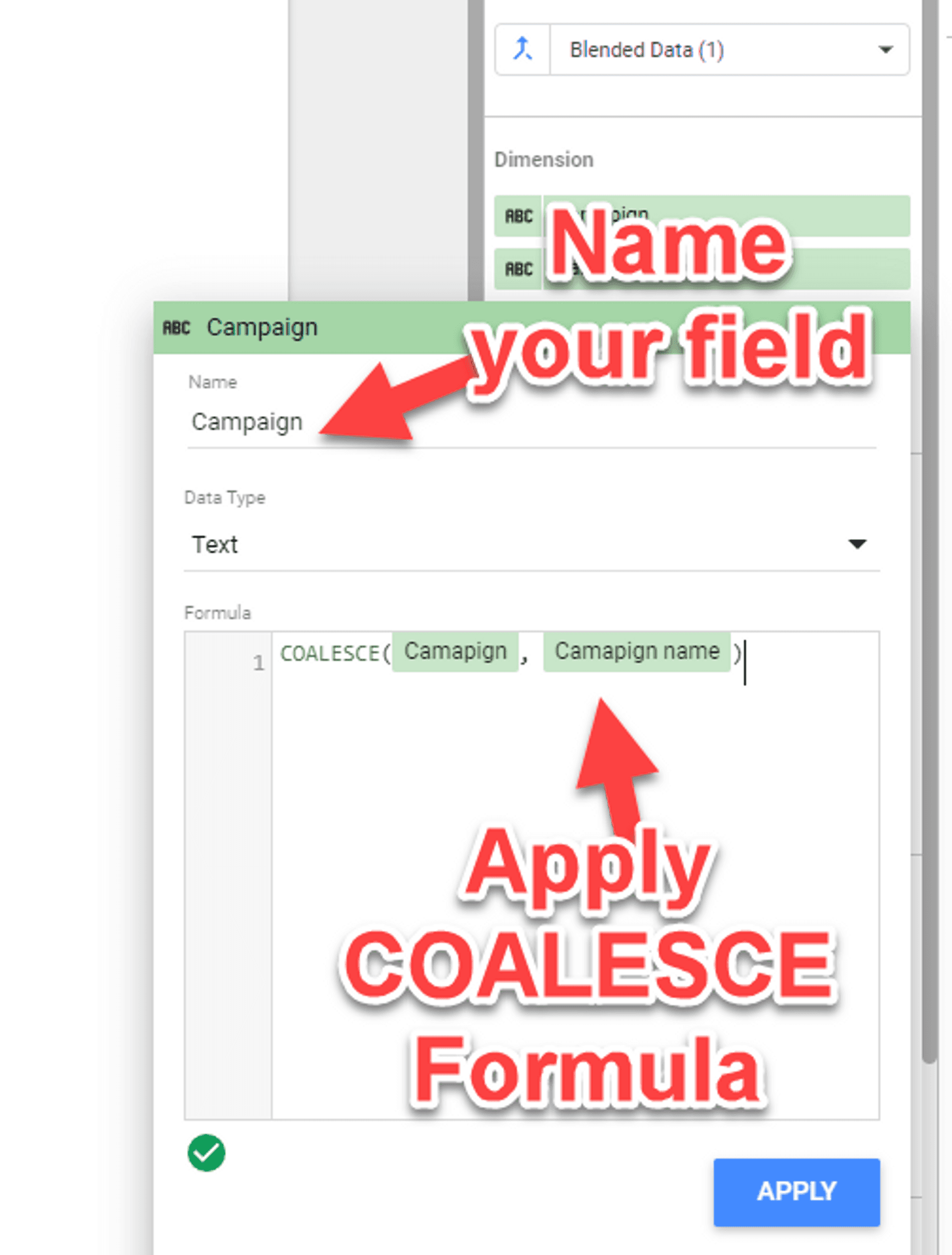 Looker Studio append data apply coalesce formula